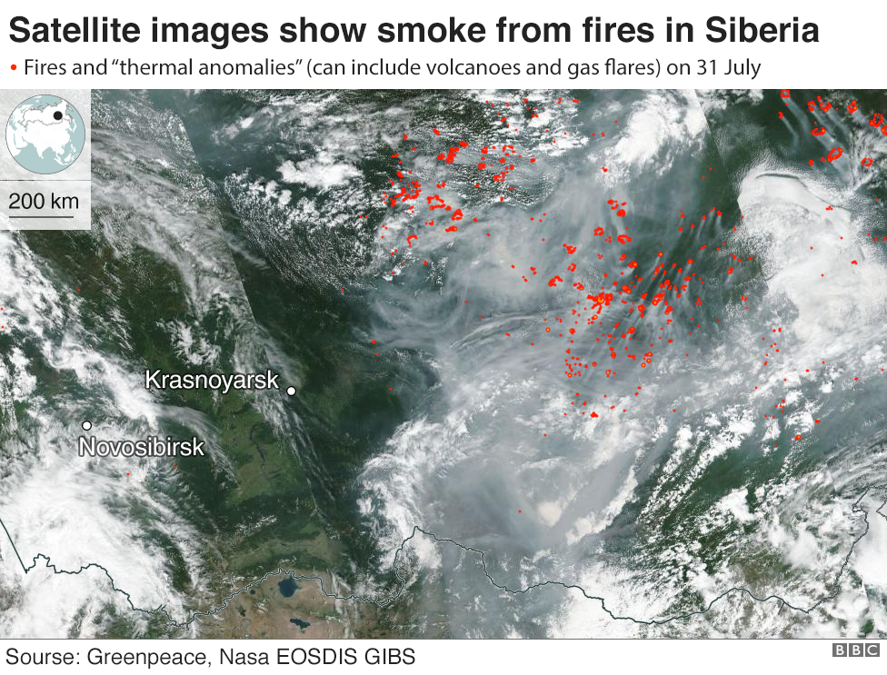 Satellite images of wildfires in Russia