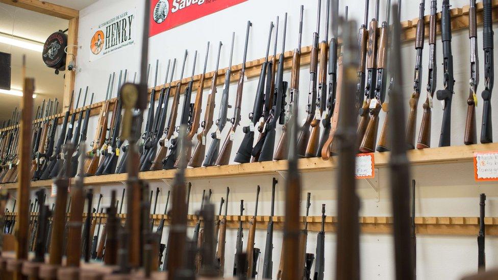 Weapons are on display at Roseburg Gun Shop in Roseburg, Oregon