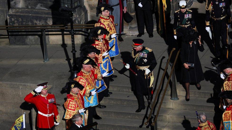 King Charles III leaves St Giles' Cathedral, Edinburgh, following a Service of Prayer and Reflection for her life. Picture date: Monday September 12, 2022