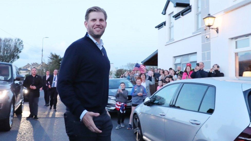 Eric Trump, the son of US President Donald Trump, pours drinks and meets locals in the village of Doonbeg in County Clare