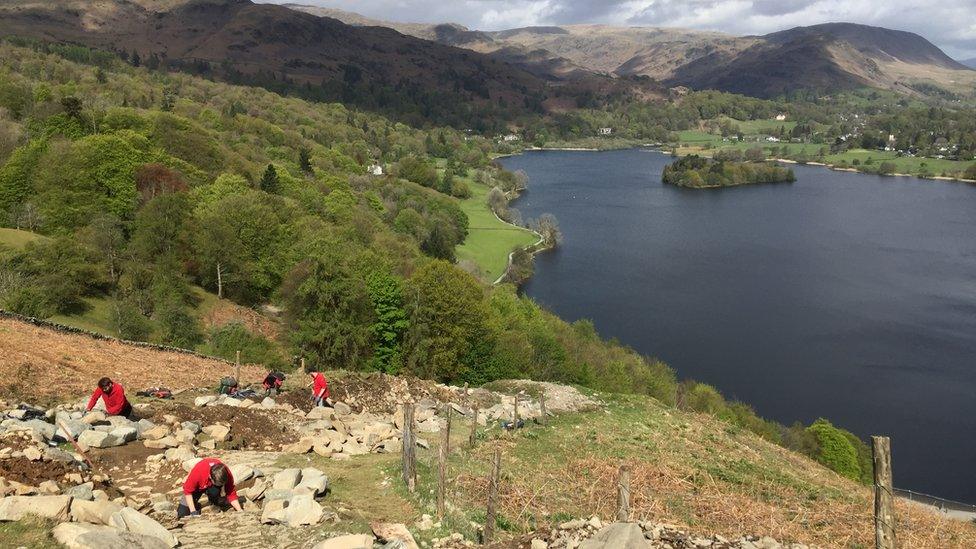 Volunteers and rangers working on the pathway improvements