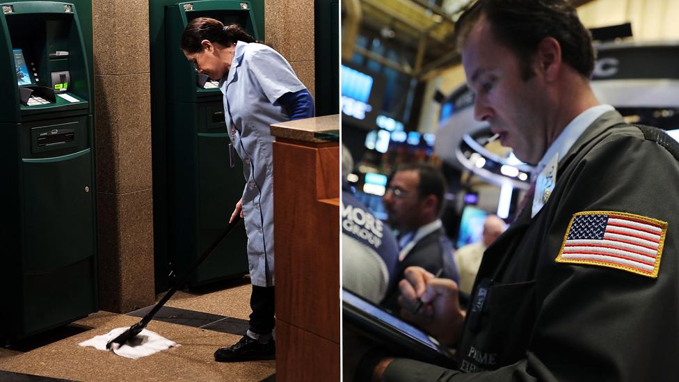 Woman cleaning and man on trading floor