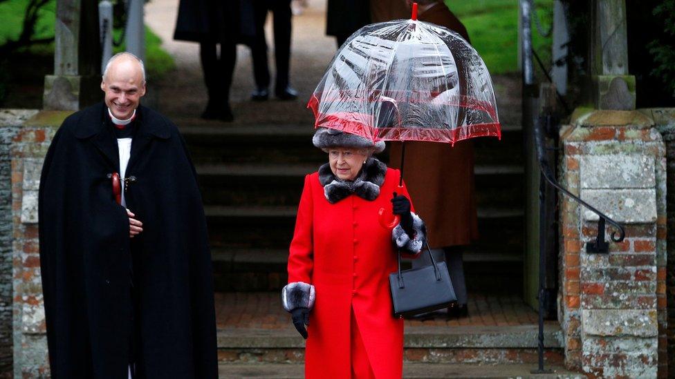 HRH Queen Elizabeth leaves after attending the Christmas Day service at church in Sandringham, Norfolk in 2015