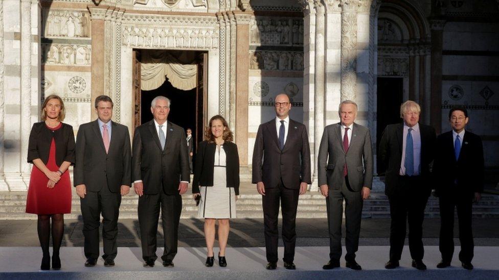 High Representative for Foreign Affairs Federica Mogherini, German Foreign Minister Sigmar Gabriel, US Secretary of State Rex Tillerson, Canada's Foreign Affairs Minister Chrystia Freeland, Italy's Foreign Minister Angelino Alfano, France's Foreign Minister Jean-Marc Ayrault, Britain's Foreign Secretary Boris Johnson and Japanese Minister of Foreign Affairs Fumio Kishida