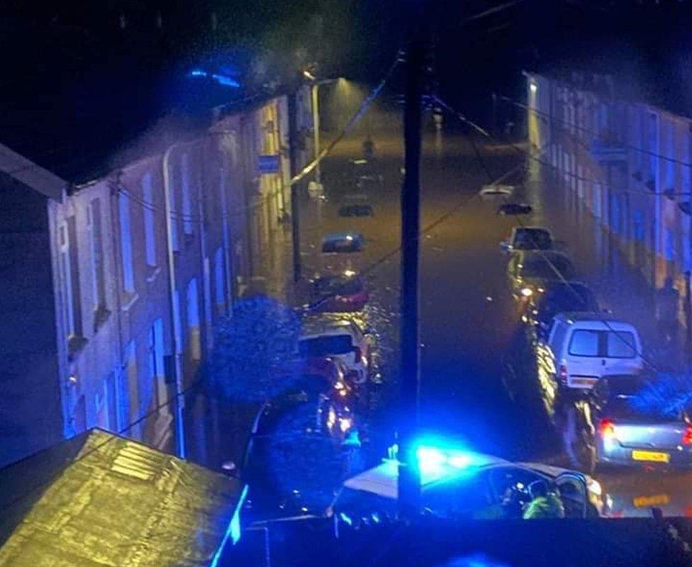 A flooded residential street