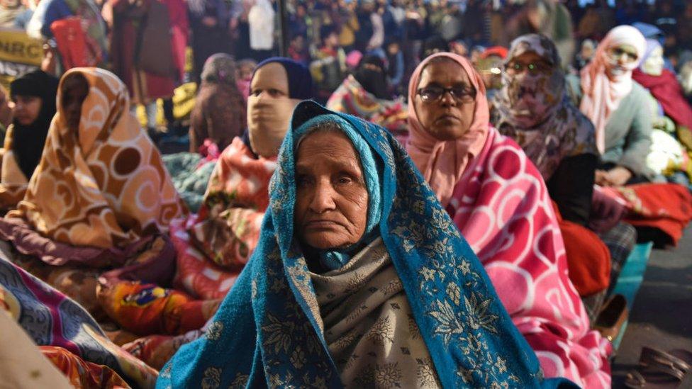 Women protesters along with their children participate in a sit-in against National Register of Citizens (NRC) and recently passed Citizenship Amendment Act (CAA), at Shaheen Bagh