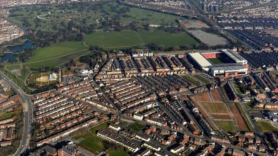 Aerial view of Stanley Park, Liverpool, showing the Liverpool FC and Everton FC grounds