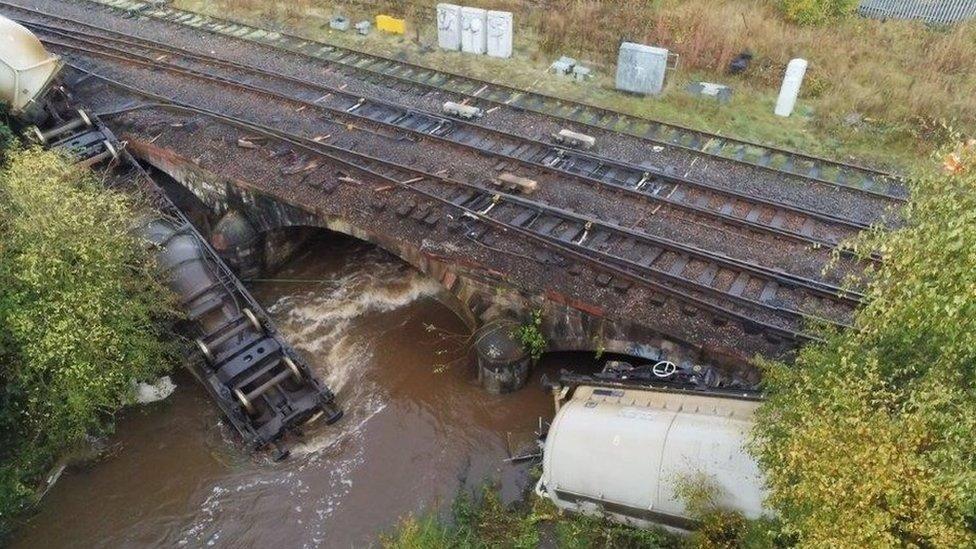 An aerial view of the derailment