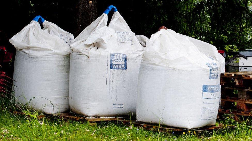 Bags of fertiliser which were found on Anders Breivik's farm