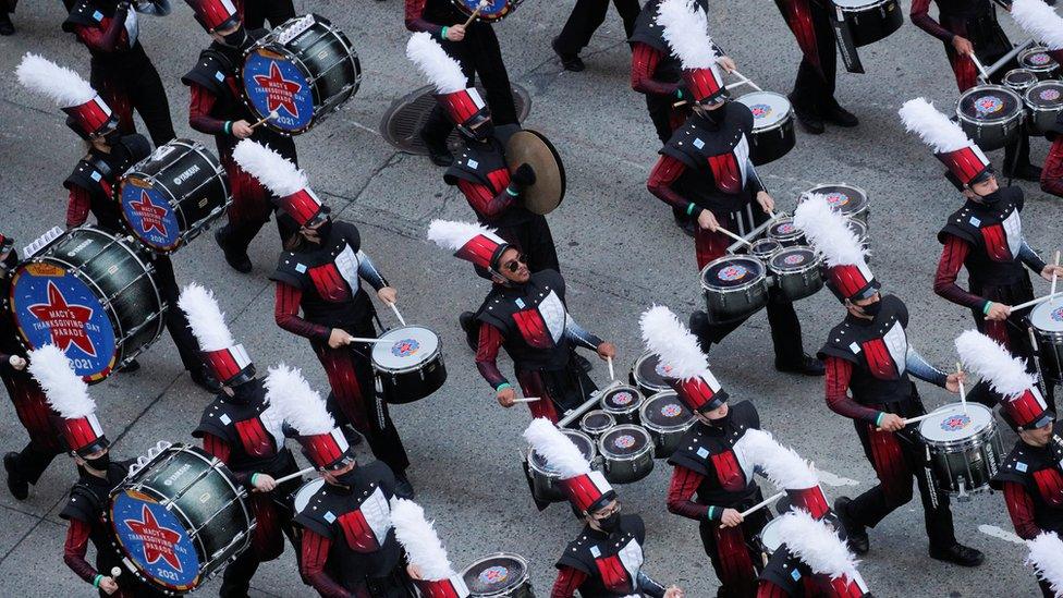 A marching band takes part in the parade