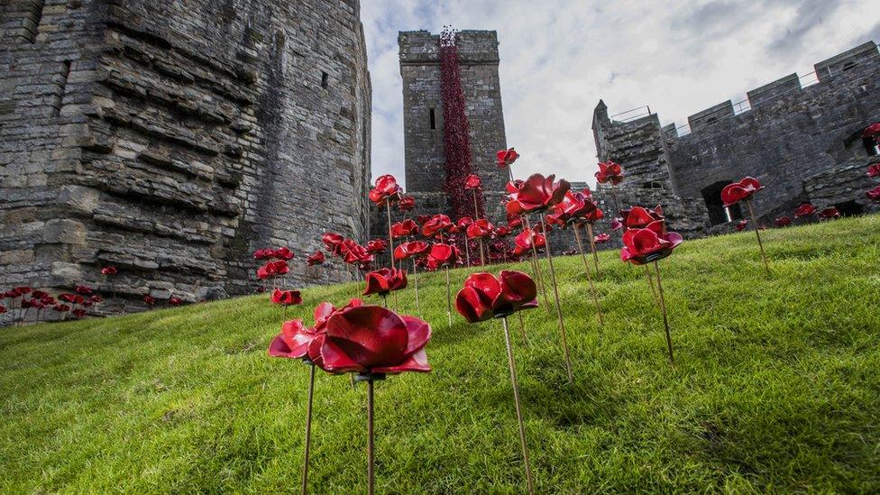 Ceramic red poppies make up the Weeping Window sculpture