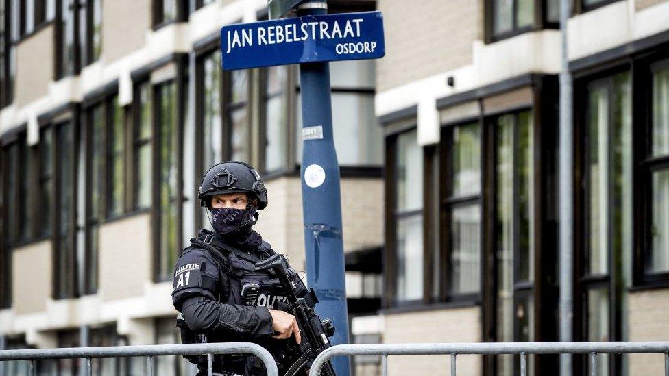 Armed police guarding the "Bunker" high-security courthouse in Amsterdam