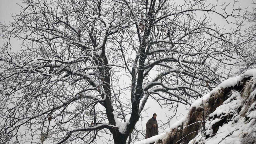 An Indian Kashmiri villager walks during heavy snowfall in Gund, some 70km northeast from Srinagar, on January 25, 2017.