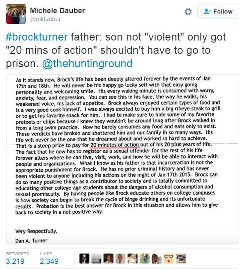 Screen grab from Twitter user Michele Dauber reads: "#brockturner father: son not "violent" only got "20 minutes of action" shouldn't have to go to prison"