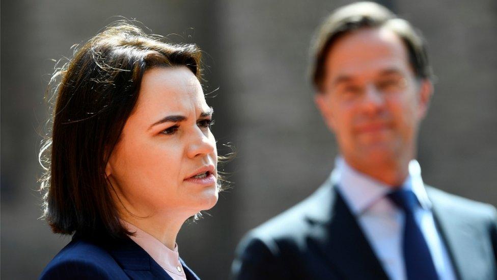 Belarusian opposition figure Svetlana Tikhanovskaya with Dutch Prime Minister Mark Rutte on May 28, 2021