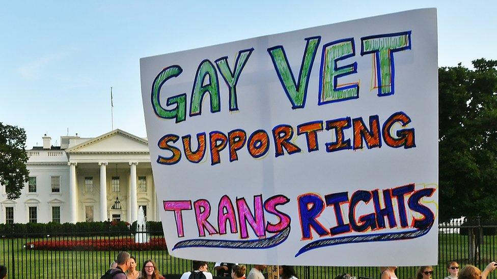 A protest sign which reads "Gay vet supporting Trans rights" held up outside the White House