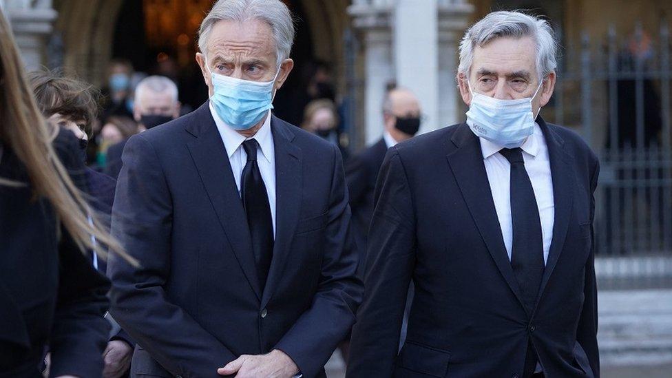 Former prime ministers Tony Blair (left) and Gordon Brown leave the funeral service of Labour MP Jack Dromey at St Margaret's Church in Westminster