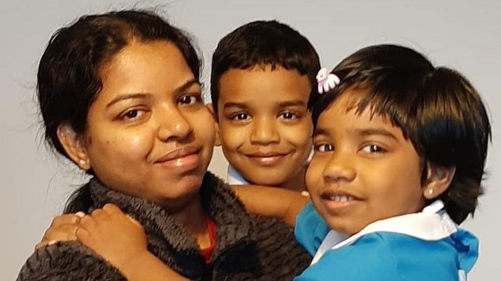 Anju Asok pictured with her children, Jeeva Saju and Janvi Saju