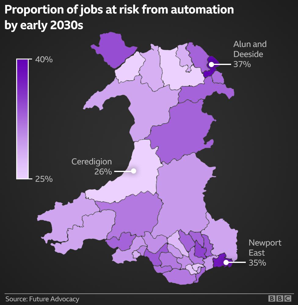 Map of Wales by constituency showing which constituencies are most affected. Alyn and Deeside could lose 37% of jobs, Newport East 35%.