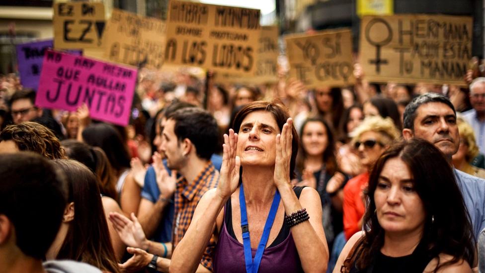 Rally in Bilbao in June 2018 against the judicial decision to release on bail five men accused of a gang rape in 2016, during the Pamplona bull-running festival