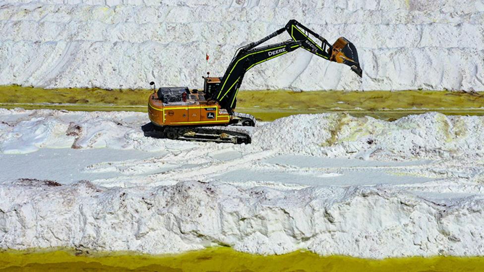 Aerial view of SQM (Sociedad Quimica Minera) lithium extraction process in the Atacama Desert, Chile, on September 12, 2022.