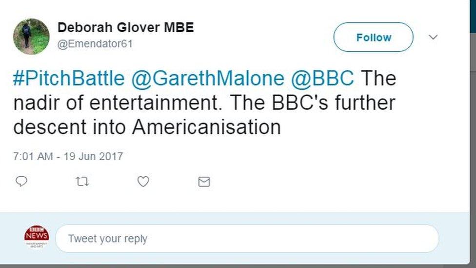 Tweet: The nadir of entertainment. The BBC's further descent into Americanisation