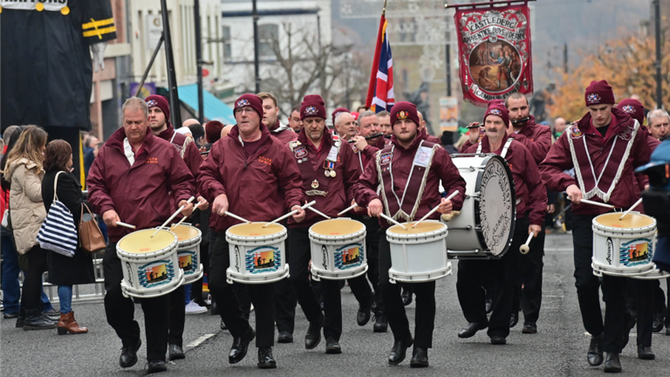 The Castlederg Young Loyalists Flute Band marches during the Apprentice Boys parade in Londonderry