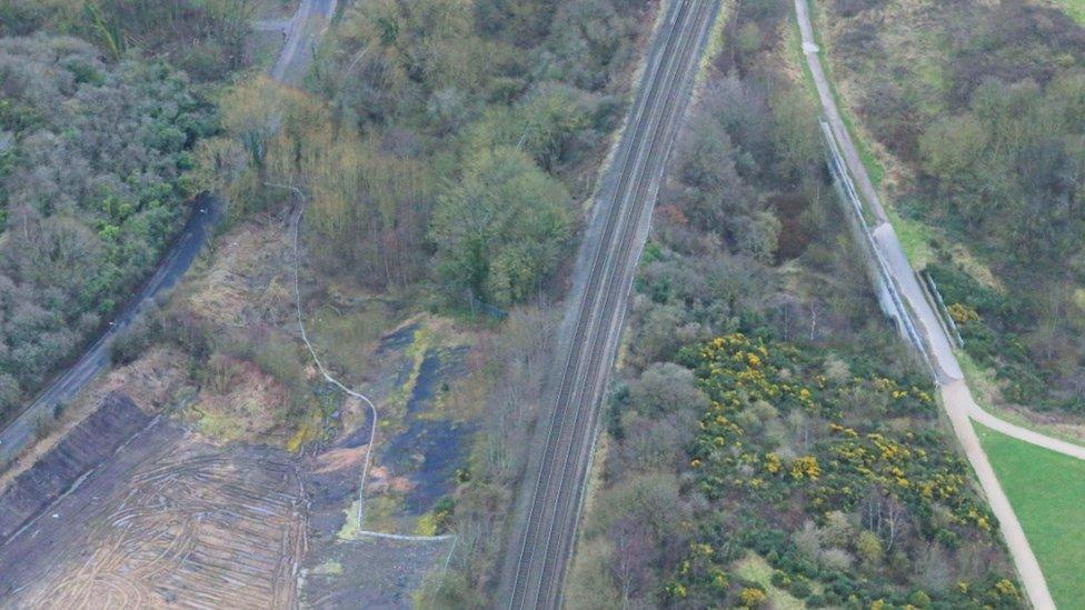 Embankment to be rebuilt near Telford - aerial view