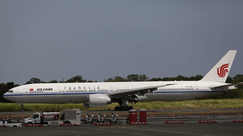 A view of the first Air China flight from Beijing as it arrives at the International Airport of Tocumen in Panama City, Panama, 05 April 2018.