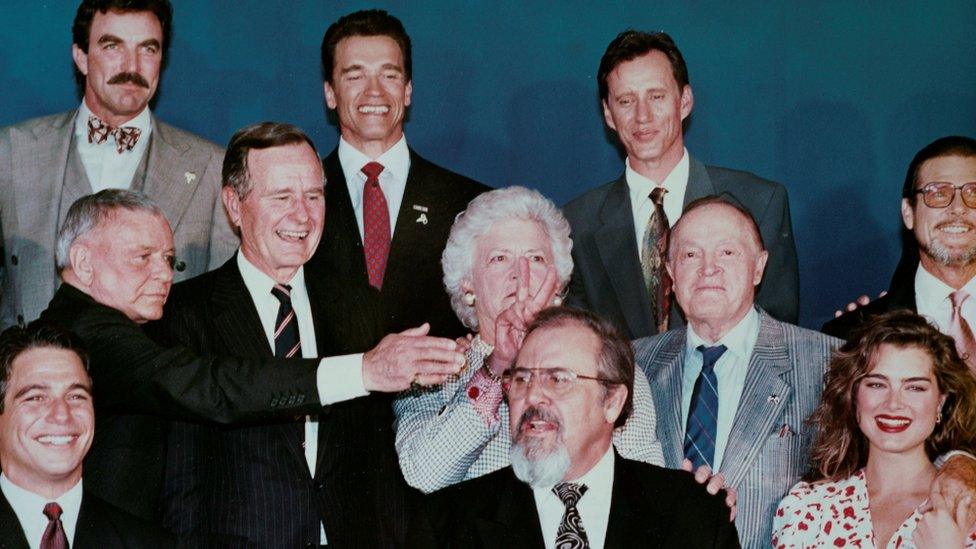 Barbara Bush gestures during a photo shoot with celebrities at a party in Los Angeles, California, in this undated photo.