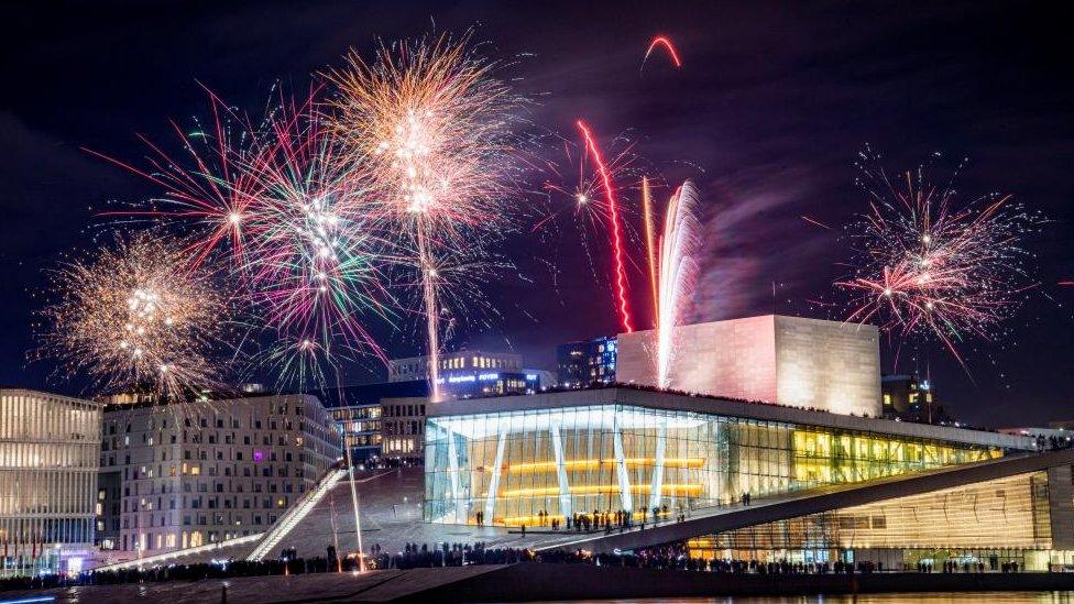 Fireworks near the Opera House in Oslo on New Years Eve