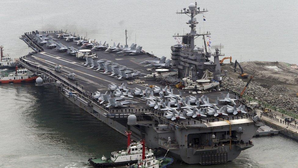 The Nimitz-class aircraft carrier USS John C. Stennis arrives to join the annual Key Resolve military exercise conducted by South Korea and the U.S., at a port in Busan, South Korea, March 13, 2016.