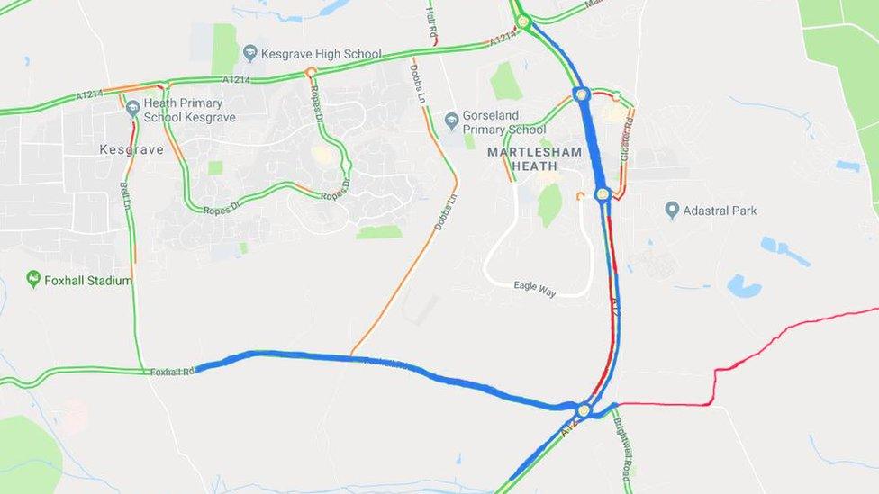 Map showing proposed speed limits in the Martlesham Heath area