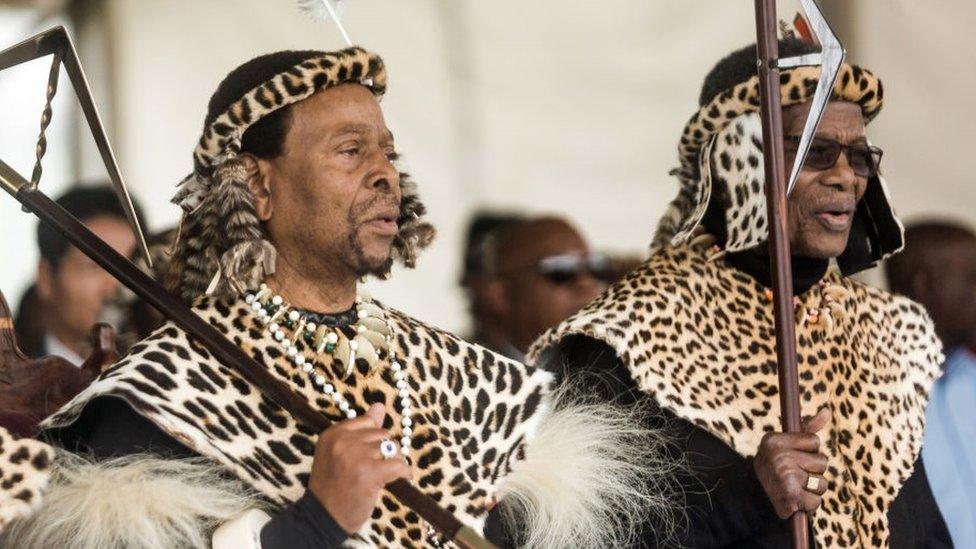 ulu King Goodwill Zwelithini ka Bhekuzulu (L) and senior Prince of the Zulu Nation and former leader of the Inkatha Freedom Party ( IFP ) Prince Mangosuthu Buthelezi (R) join thousands of people to commemorate King Shaka's Day Celebration near the grave of the great Zulu King Shaka at Kwadukuza, some 98 kilometres north of Durban, on September 24, 2019