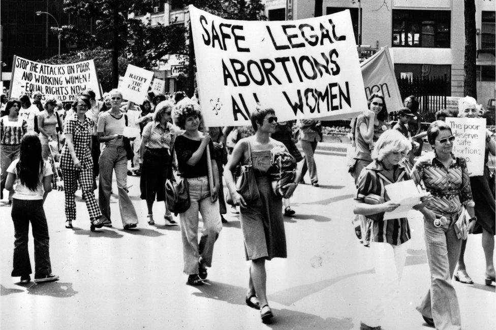 Campaigners marching in New York to demand safe legal abortions for all women in 1977