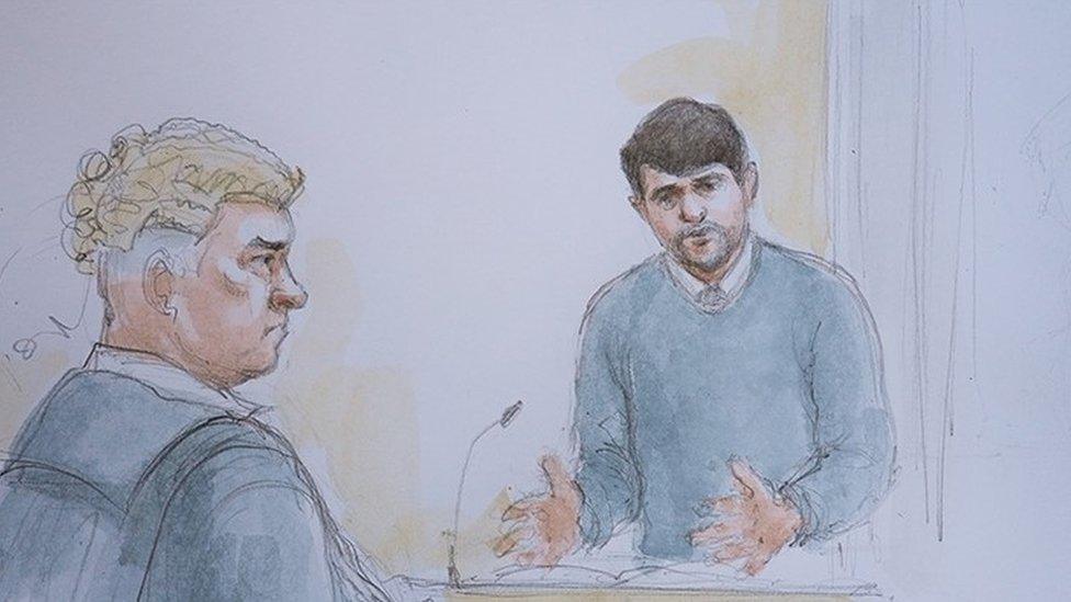 Court sketch of Thomas Cashman (right) giving evidence