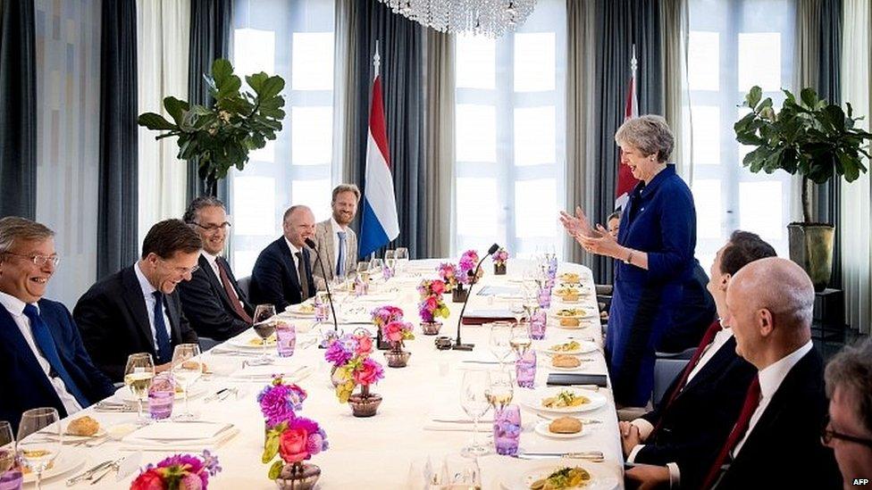 Theresa May speaking at a lunch hosted by her Dutch counterpart Mark Rutte