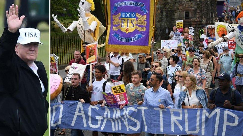 Trump in Scotland and protesters in Edinburgh