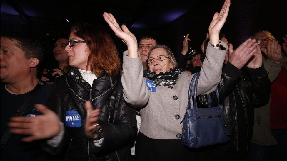 FN supporters celebrate election results in Henin-Beaumont, northern France. 6 Dec 2015