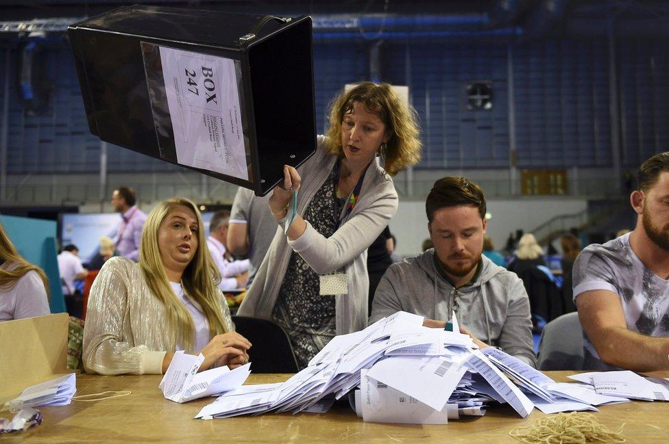 Workers begin counting ballots after polling stations closed in the referendum on the European Union in Glasgow, Scotland