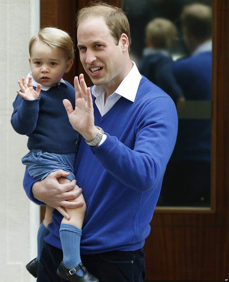 Prince George with his dad, Prince William outside the hospital where he was born. He waved at crowds before going to meet his new little sister Princess Charlotte.