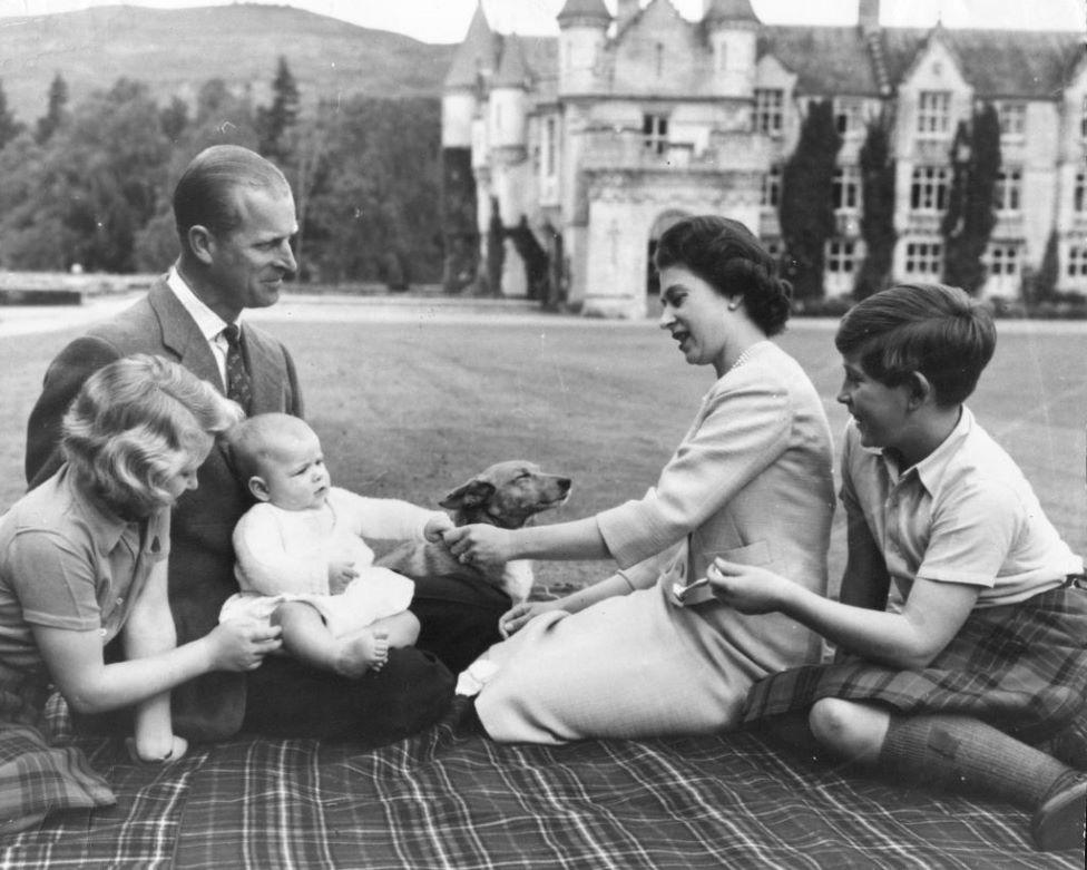 Queen Elizabeth II and Prince Philip with their then three children at Balmoral in 1960