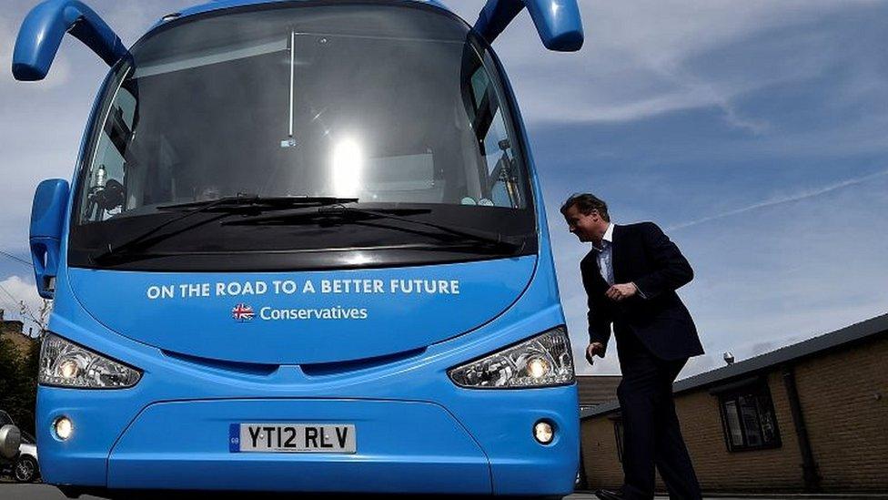 David Cameron gets on the Conservatives' 2015 election battlebus