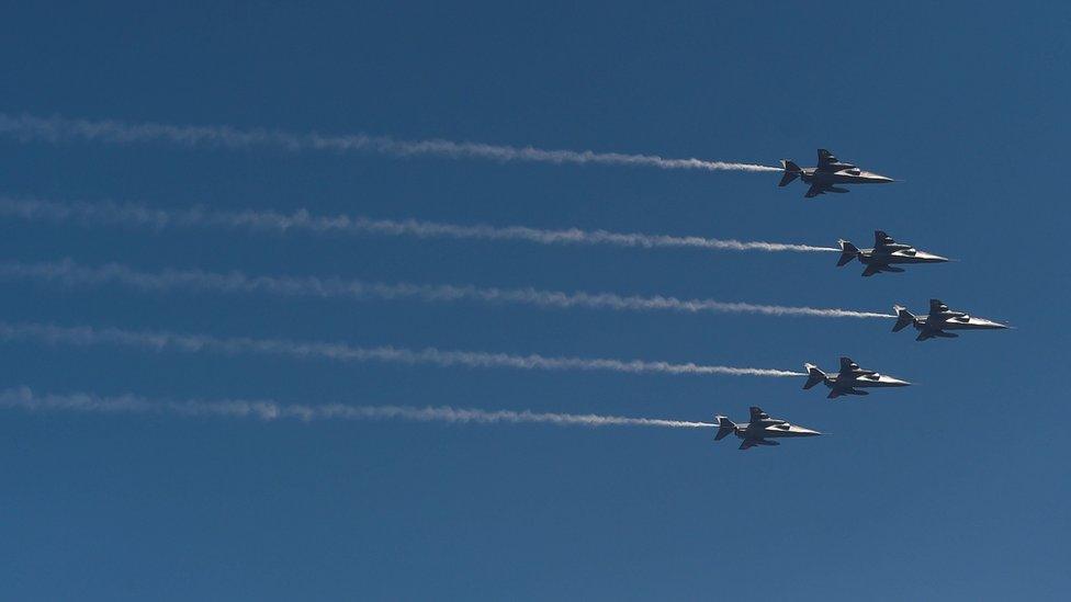 Fighter jets fly over the Republic Day parade in New Delhi on 26 January 2020.