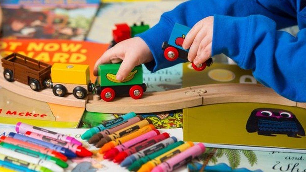 Child playing with a toy train