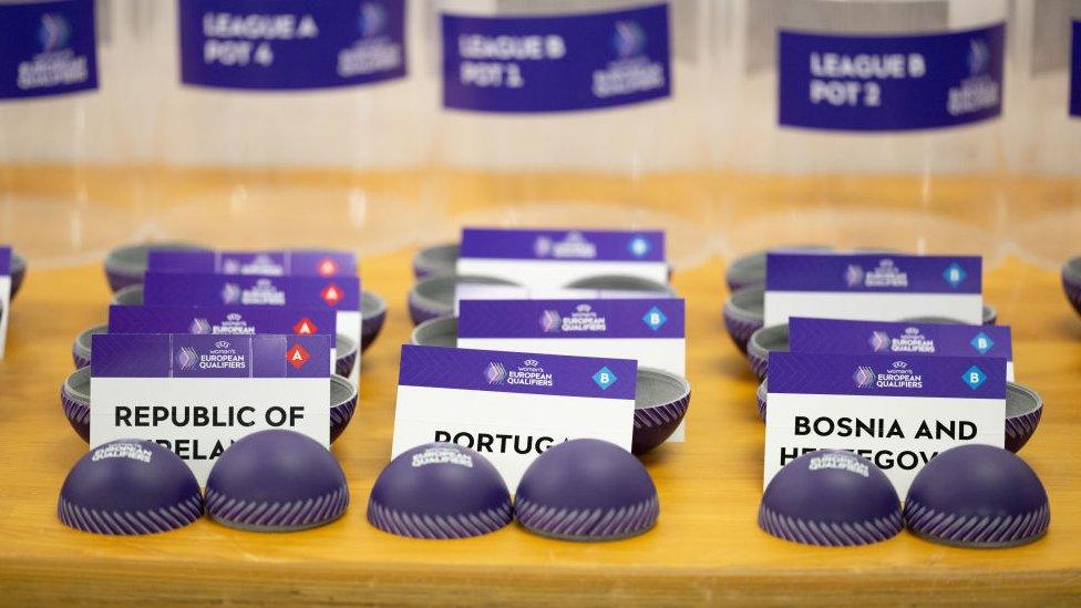 A general view of the draw cards ahead of the UEFA Women's EURO 2025 Qualifying Round Draw at the UEFA Headquarters