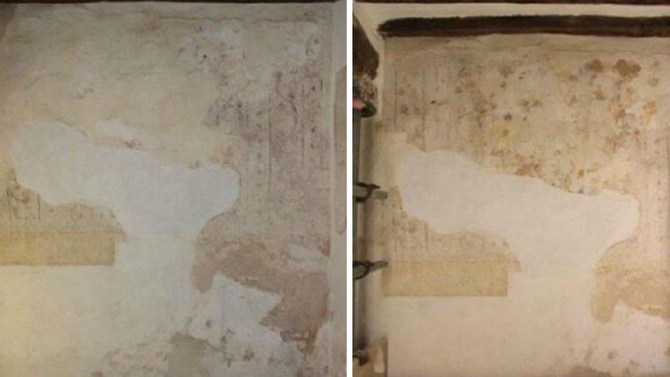 The wall paintings before (l) and after (r) restoration work was carried out