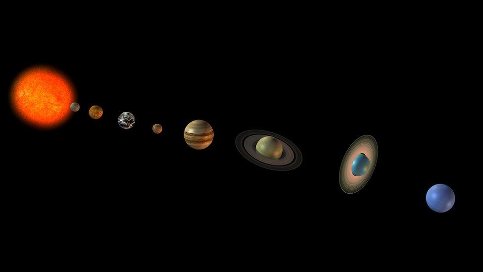 Computer artwork of the Sun (left) and the eight planets of the solar system