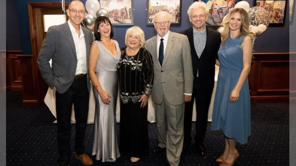 Irene and Meyrick Sheen (centre) with their daughter Joanne Sheen and her husband Dave Cartwright (left), son Michael and his partner Anna Lundberg