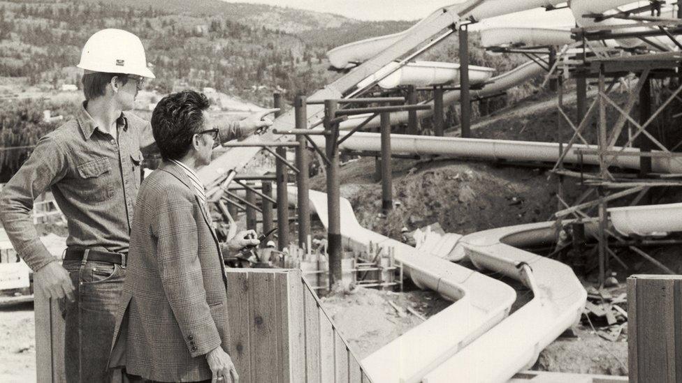 Geoff in 1981 with engineer, Hector Negac at the WhiteWater Waterpark in Penticton, British Columbia